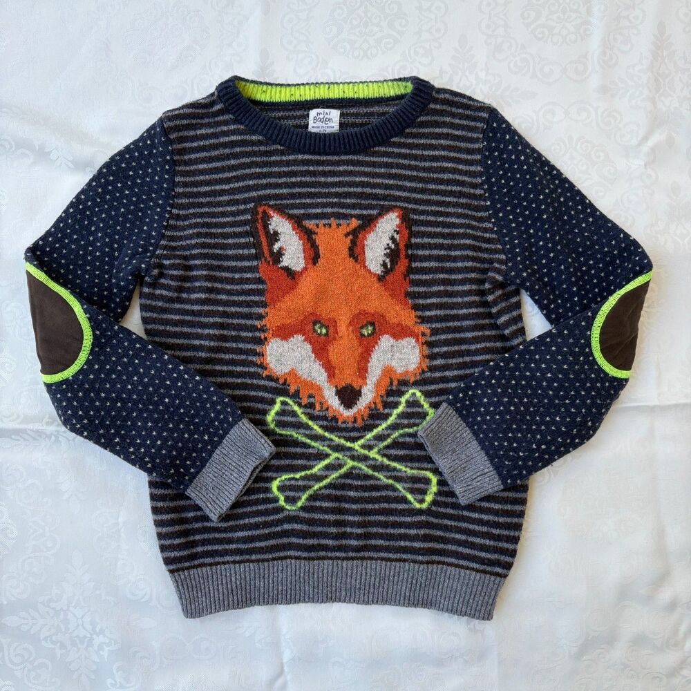 Mini Boden Kids Sweater 6-7Y Wool Blend Cotton Fox Bones Stripes Elbow Patches